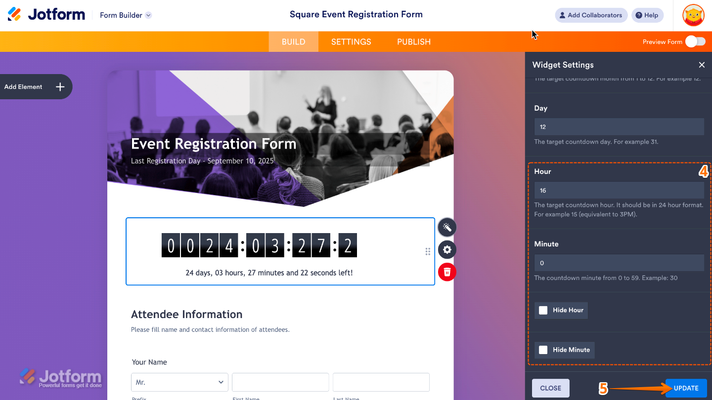Configuring the Day Countdown widget timing with 24-hour format, minute selection, and visibility toggles