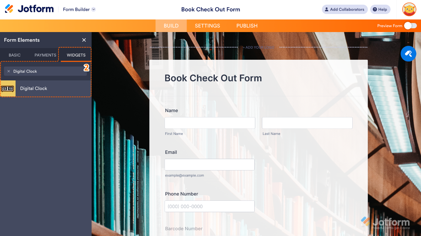Form Elements panel under the Widgets tab showing the Digital Clock widget being searched and added to a form