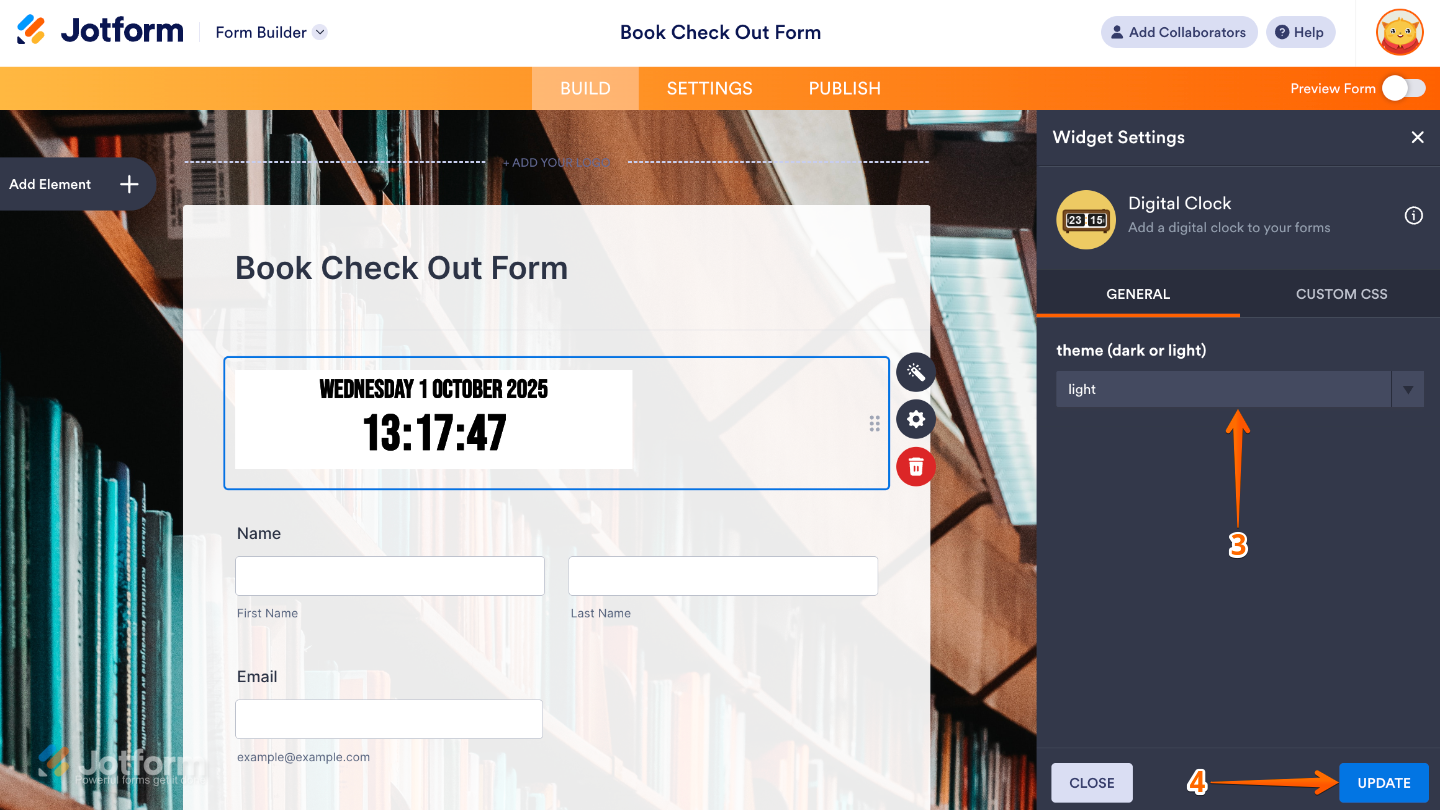 Digital Clock widget settings panel showing the Theme option to choose between light and dark styles
