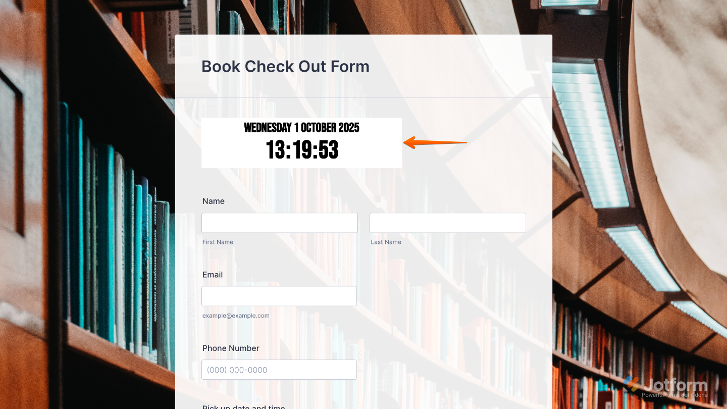 Form with the Digital Clock widget added, displaying a live digital clock for users while filling out the form