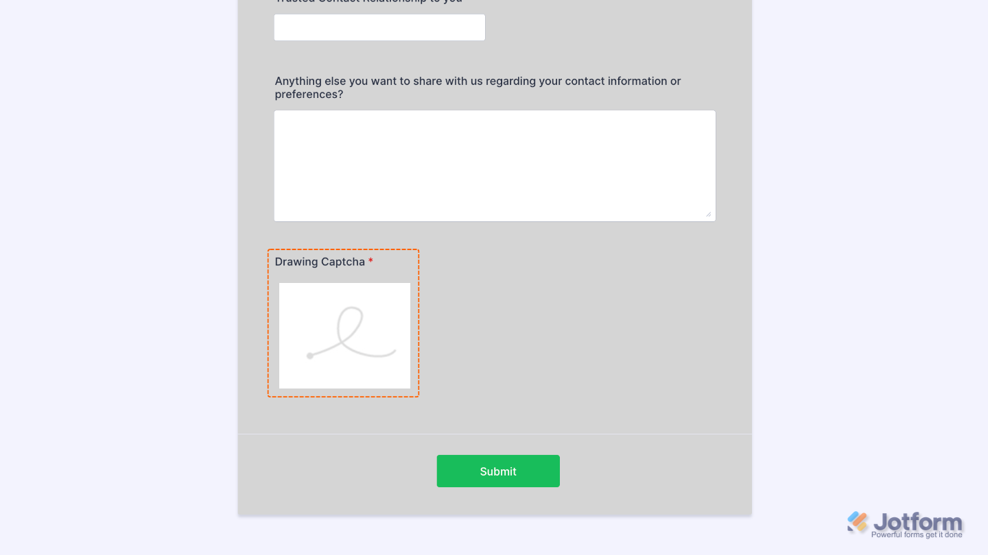 Form with the Drawing Captcha widget added, allowing users to trace an image to verify and submit the form
