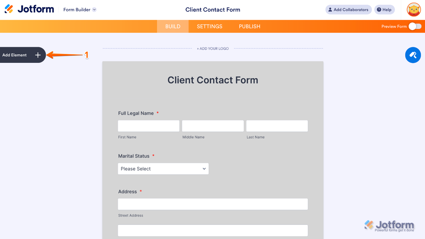 Form Builder interface highlighting the Add Element button on the left panel to add new fields and widgets