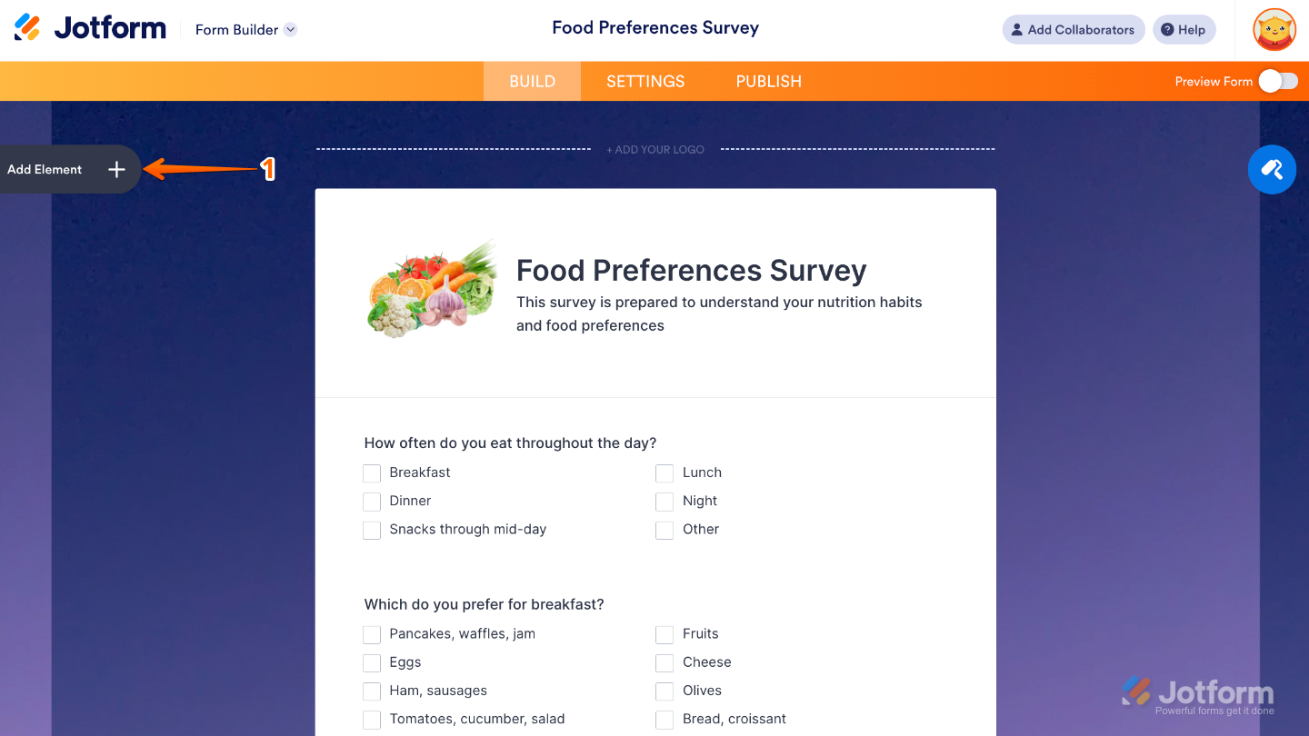 Form Builder interface highlighting the Add Element button on the left panel to add new form fields and widgets
