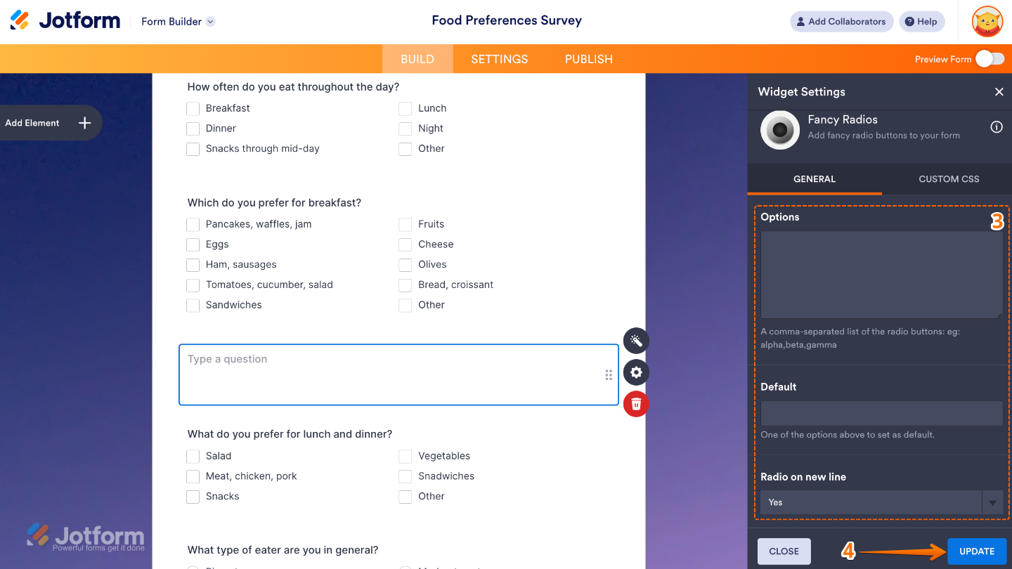 Fancy Radios widget settings panel showing options to add choices, set a default selection, and enable radio buttons on new lines
