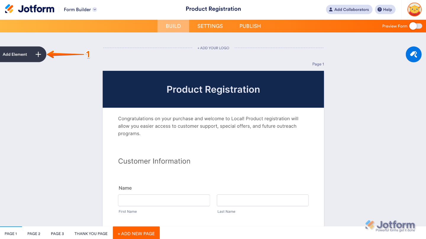 Form Builder interface highlighting the Add Element button on the left panel to add new form fields and widgets