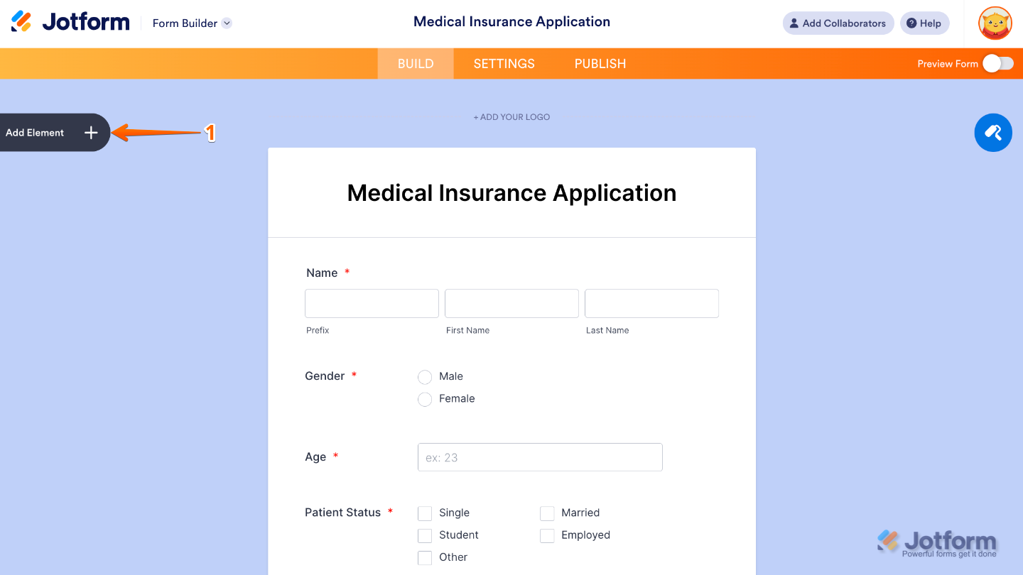 Form Builder interface highlighting the Add Element button on the left sidebar