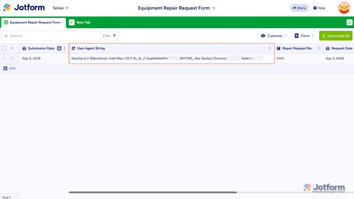 Form with the Get User Agent widget added, showing how it collects technical details about users’ devices and browsers