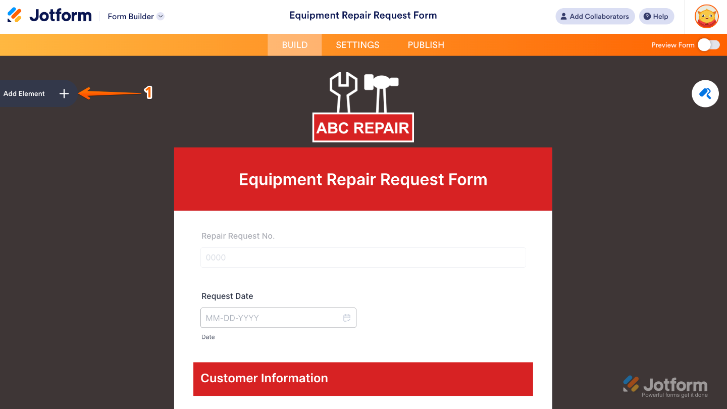 Form Builder interface highlighting the Add Element button on the left panel used to add new fields to a form