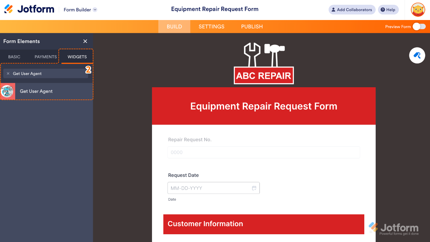 Form Elements panel under the Widgets tab showing the Get User Agent widget being searched and added to a form