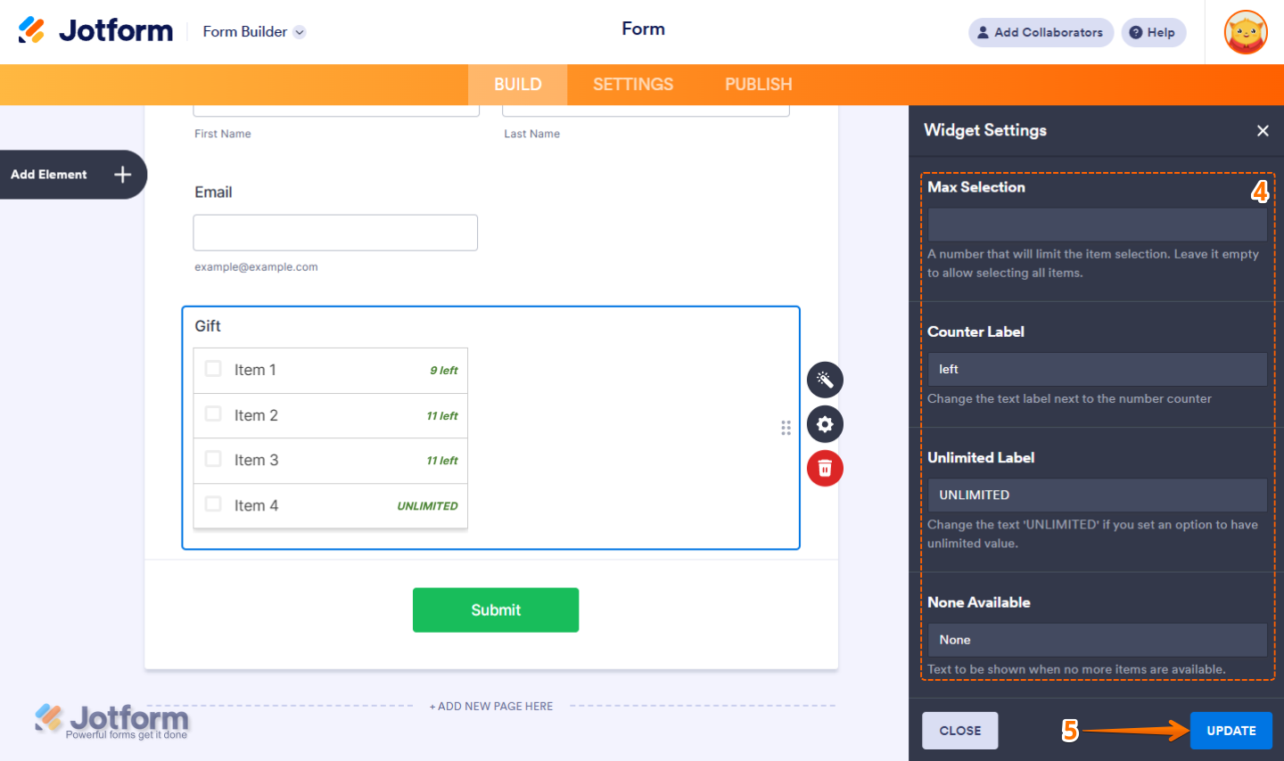 Max Selection, Counter Label, Unlimited Label, and None Available options in the Widget Settings of the Gift Registry widget