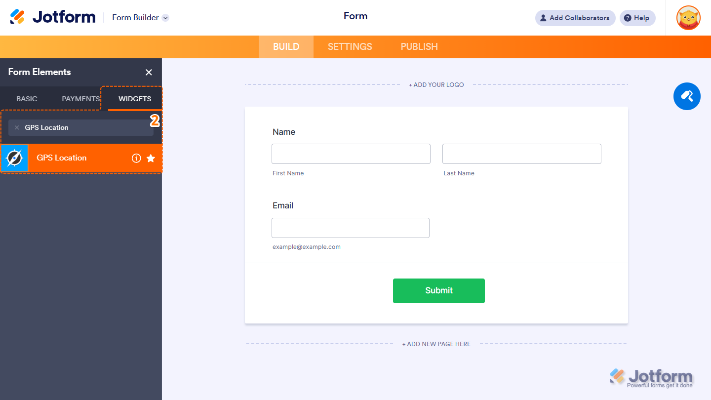 GPS Location in the Widgets tab of the Jotform Form Builder