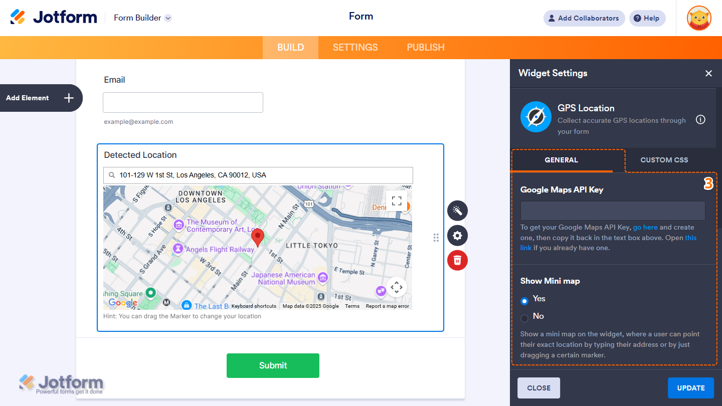 Google Maps API Key and Show Mini Map options in the GPS Location widget settings