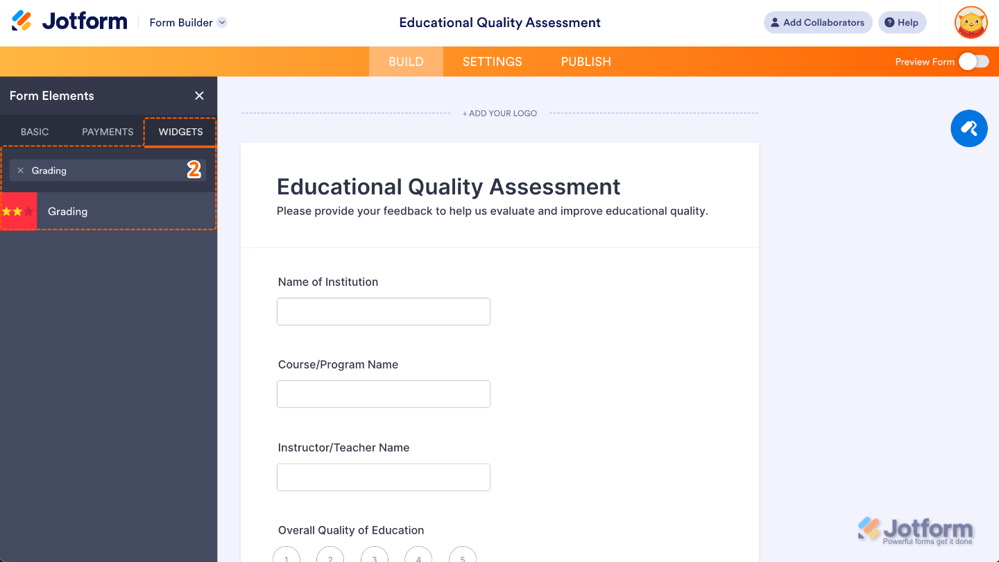 Form Elements panel under the Widgets tab showing the Grading widget being searched and added to a form