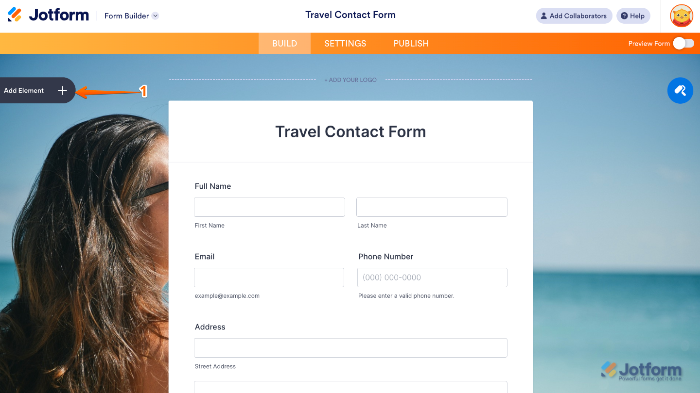 Form Builder interface highlighting the Add Element button on the left panel for adding new fields and widgets