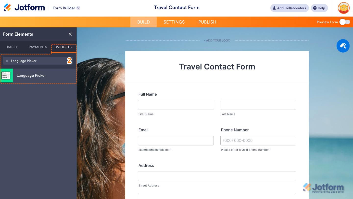 Form Elements panel under the Widgets tab showing the Language Picker widget being searched and added to a form