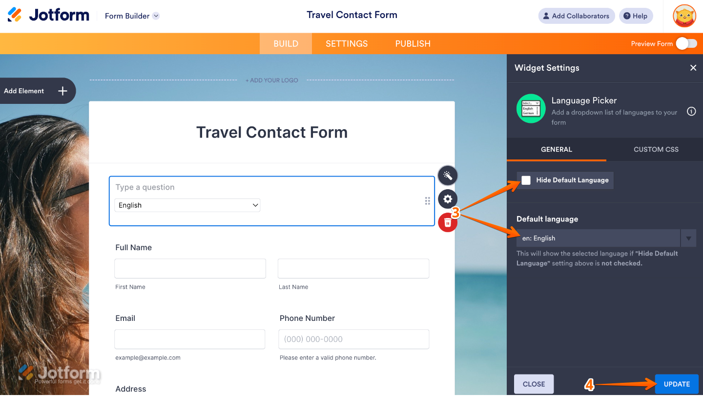 Language Picker widget settings panel showing options to hide the default language and select a default language