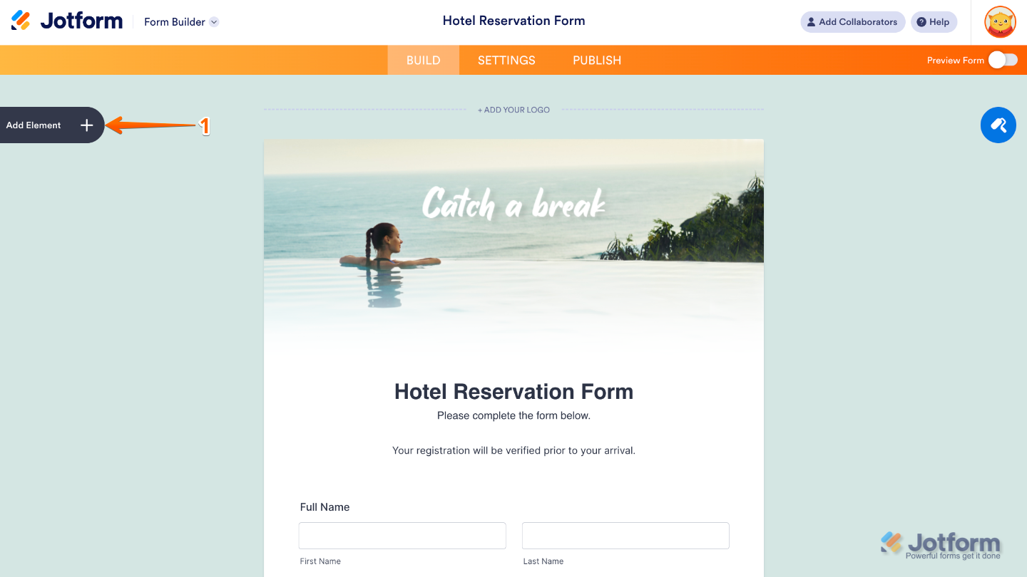 Form Builder interface highlighting the Add Element button on the left sidebar