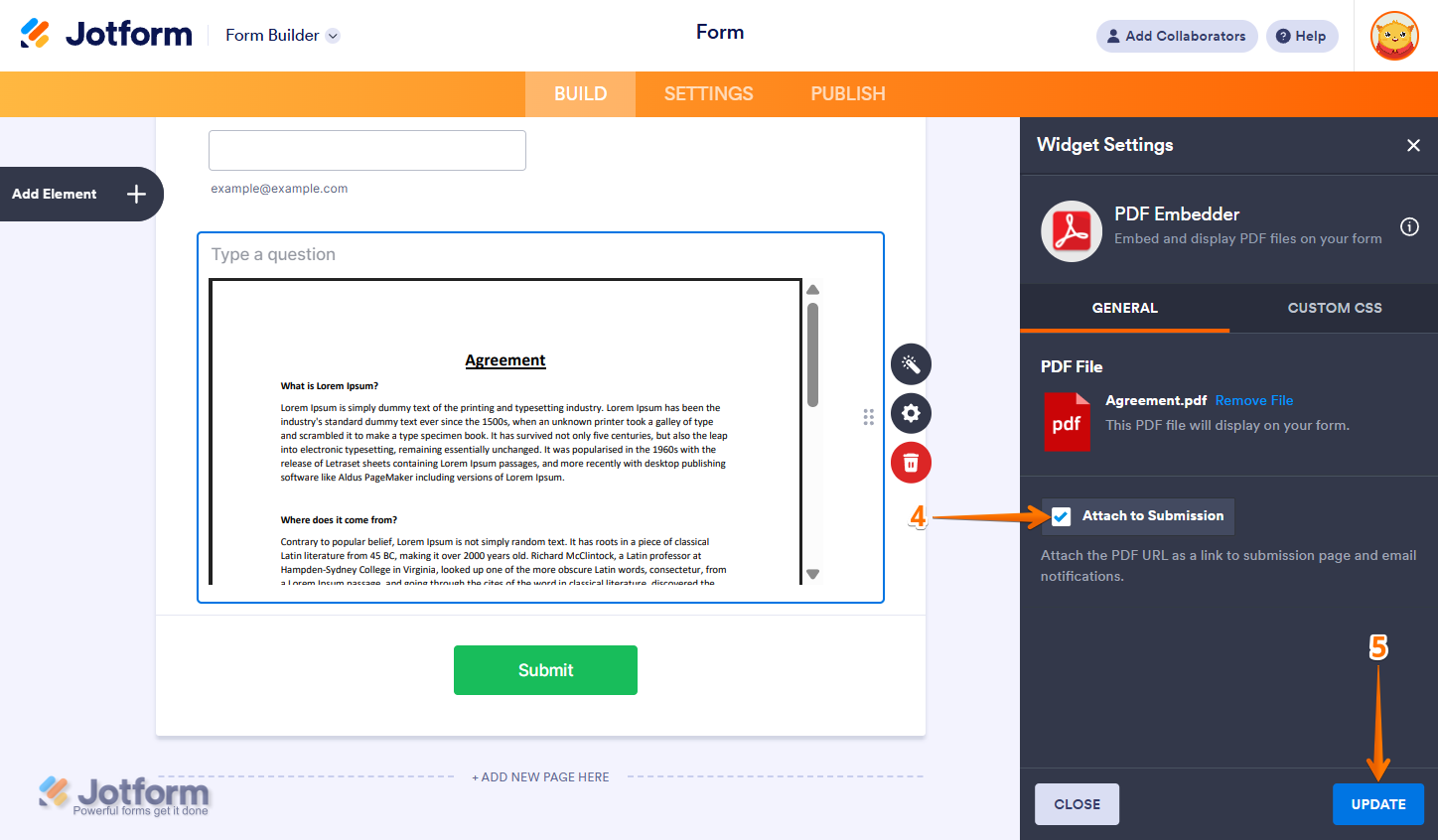 Attach to Submission in the PDF Embedder widget settings
