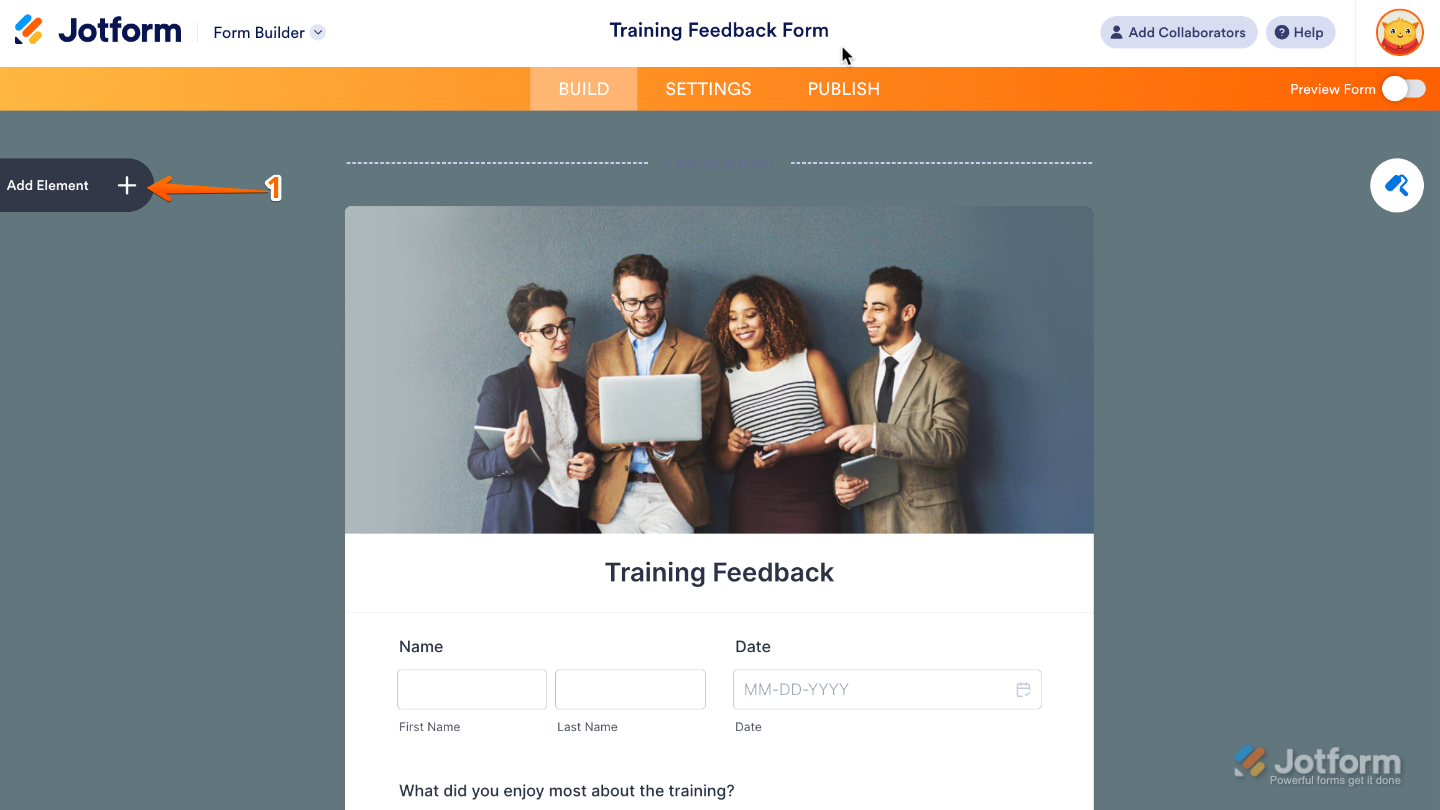 Form Builder interface highlighting the Add Element button on the left panel used to add new fields to a form