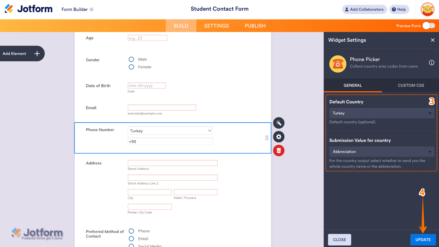 Configuring the Phone Picker widget by selecting the default country dialing code and submission value format