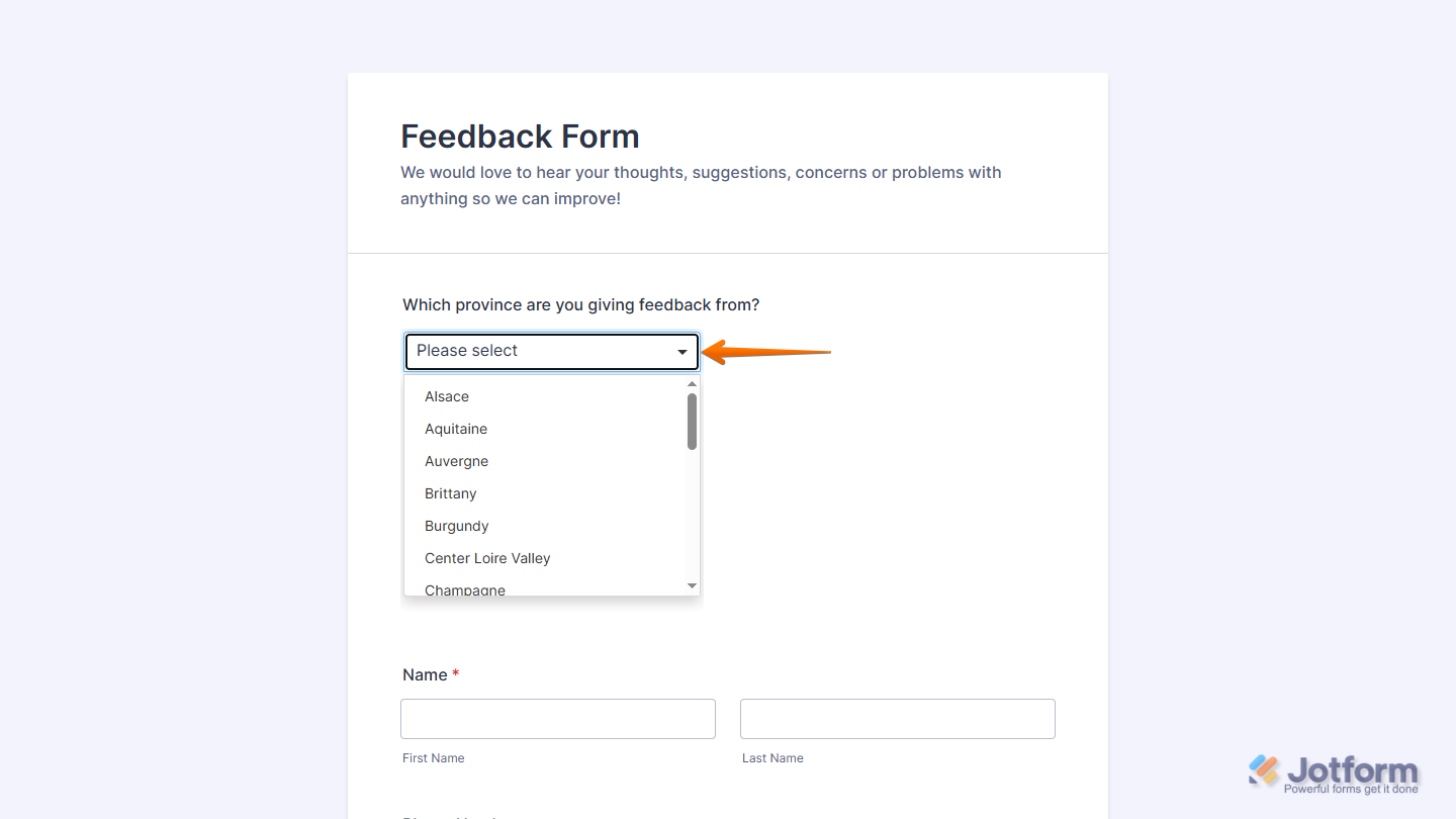 Provinces of France widget on a Jotform form