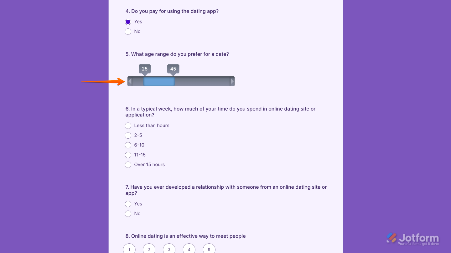 Form with the Range Slider widget added, allowing users to select minimum and maximum values using an interactive slider