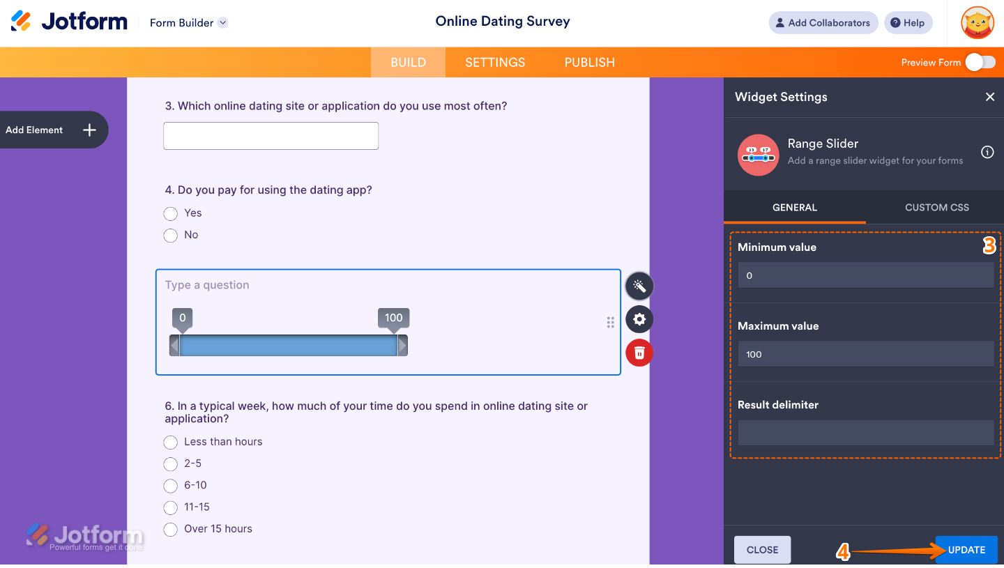 Range Slider widget settings panel showing options to set minimum value, maximum value, and result delimiter