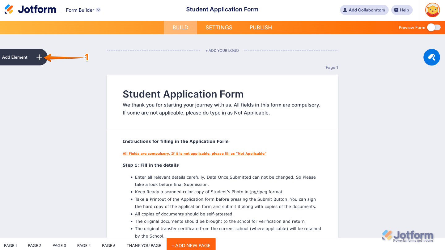 Form Builder interface highlighting the Add Element button on the left panel used to add new fields to a form