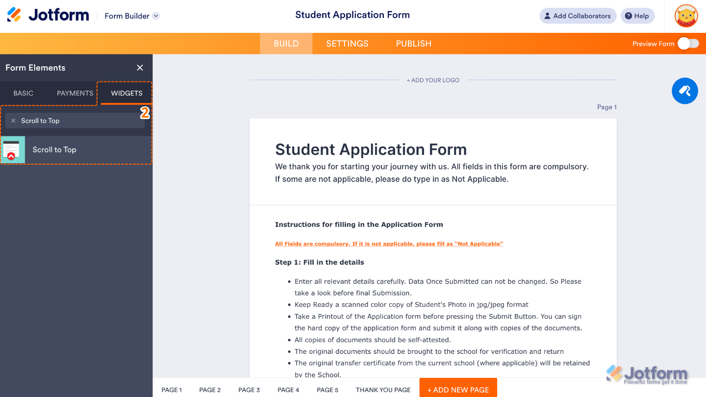 Form Elements panel under the Widgets tab showing the Scroll to Top widget being searched and added to a form