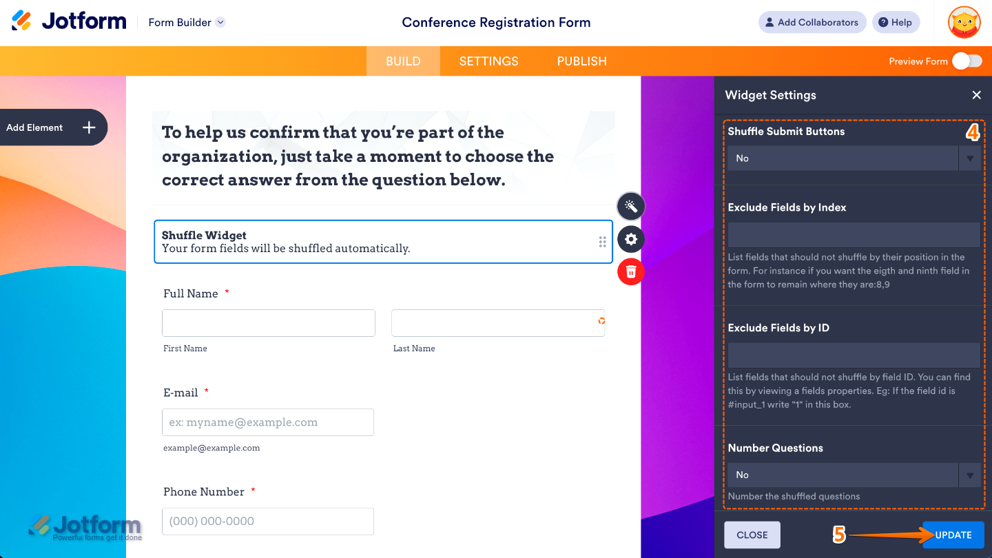 Shuffle widget settings panel showing options for shuffling submit buttons, excluding fields by index or ID, and numbering questions