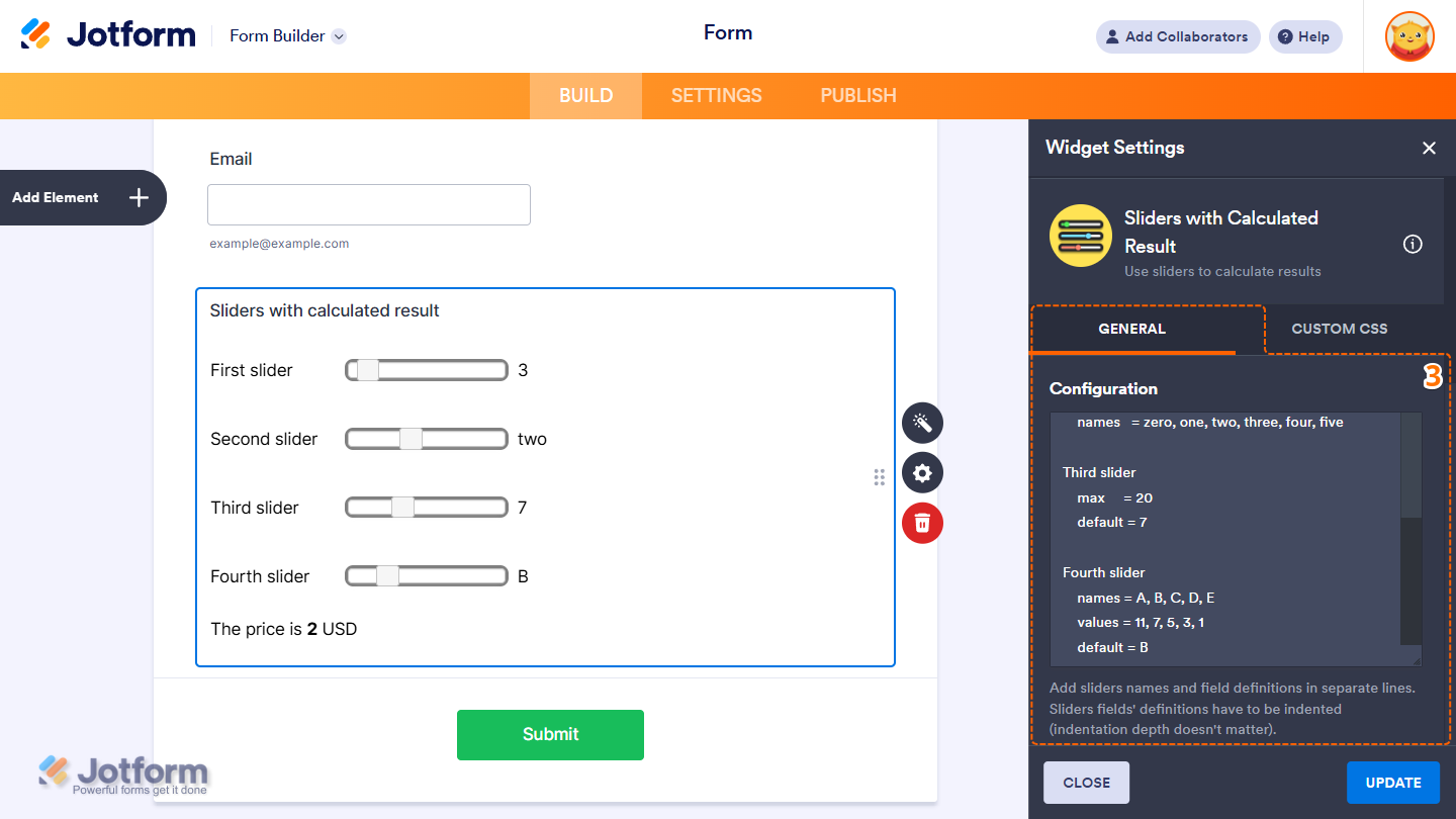 Configuration box of the Sliders with Calculated Result widget settings