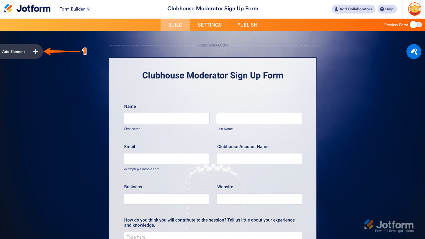 Form Builder interface highlighting the Add Element button on the left panel to add new form fields and widgets