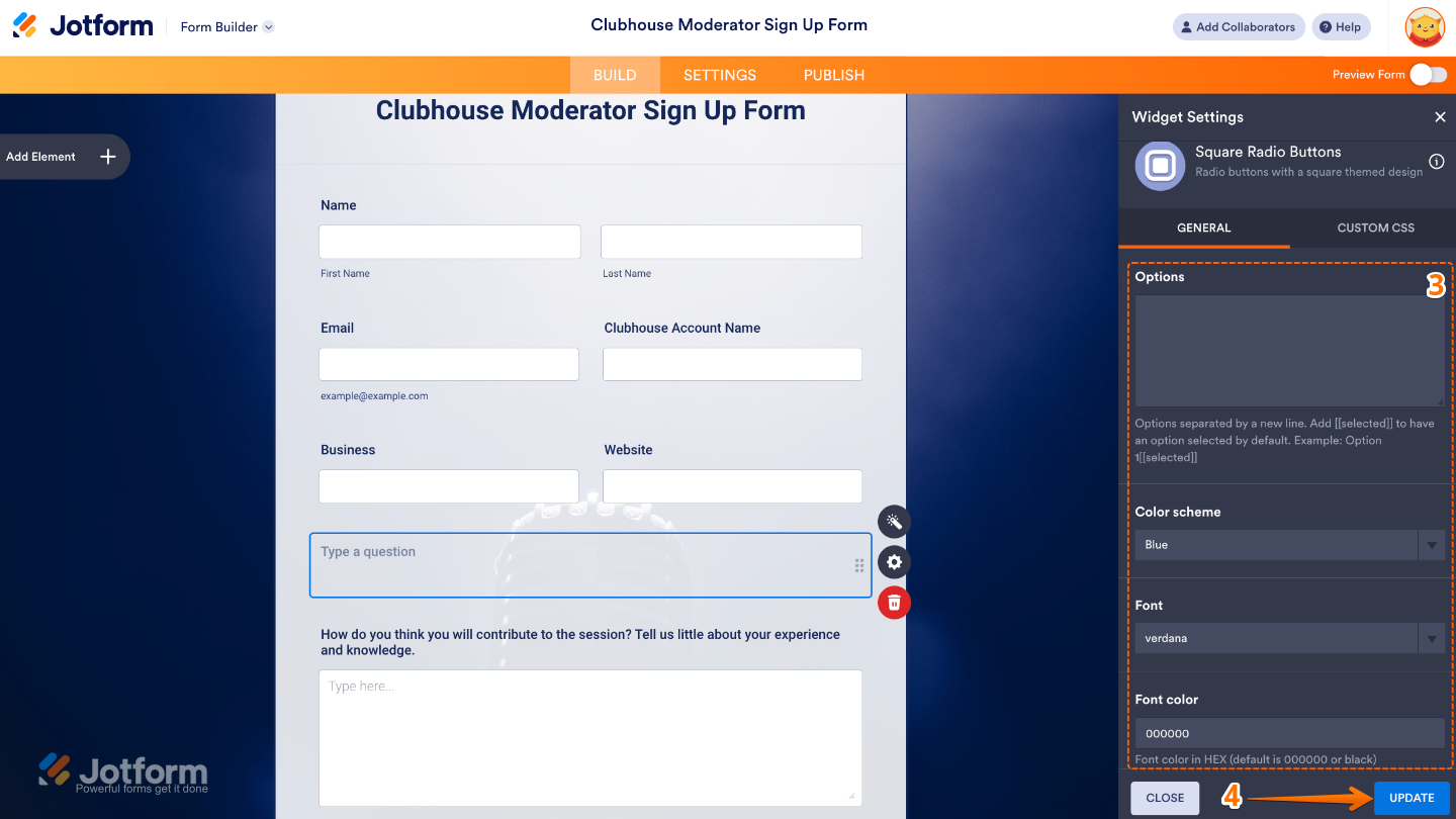 Square Radio Buttons widget settings panel showing options to add choices, select a color scheme, and customize font and font color