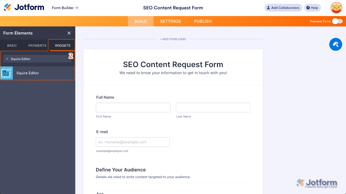 Form Elements panel under the Widgets tab showing the Squire Editor widget being searched and added to a form