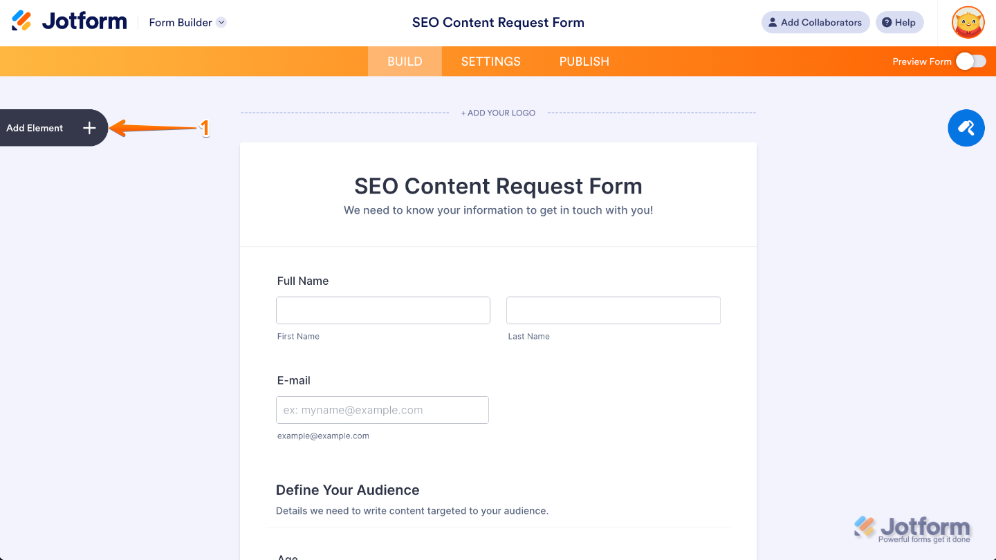 Form Builder interface highlighting the Add Element button on the left panel to add new fields and widgets