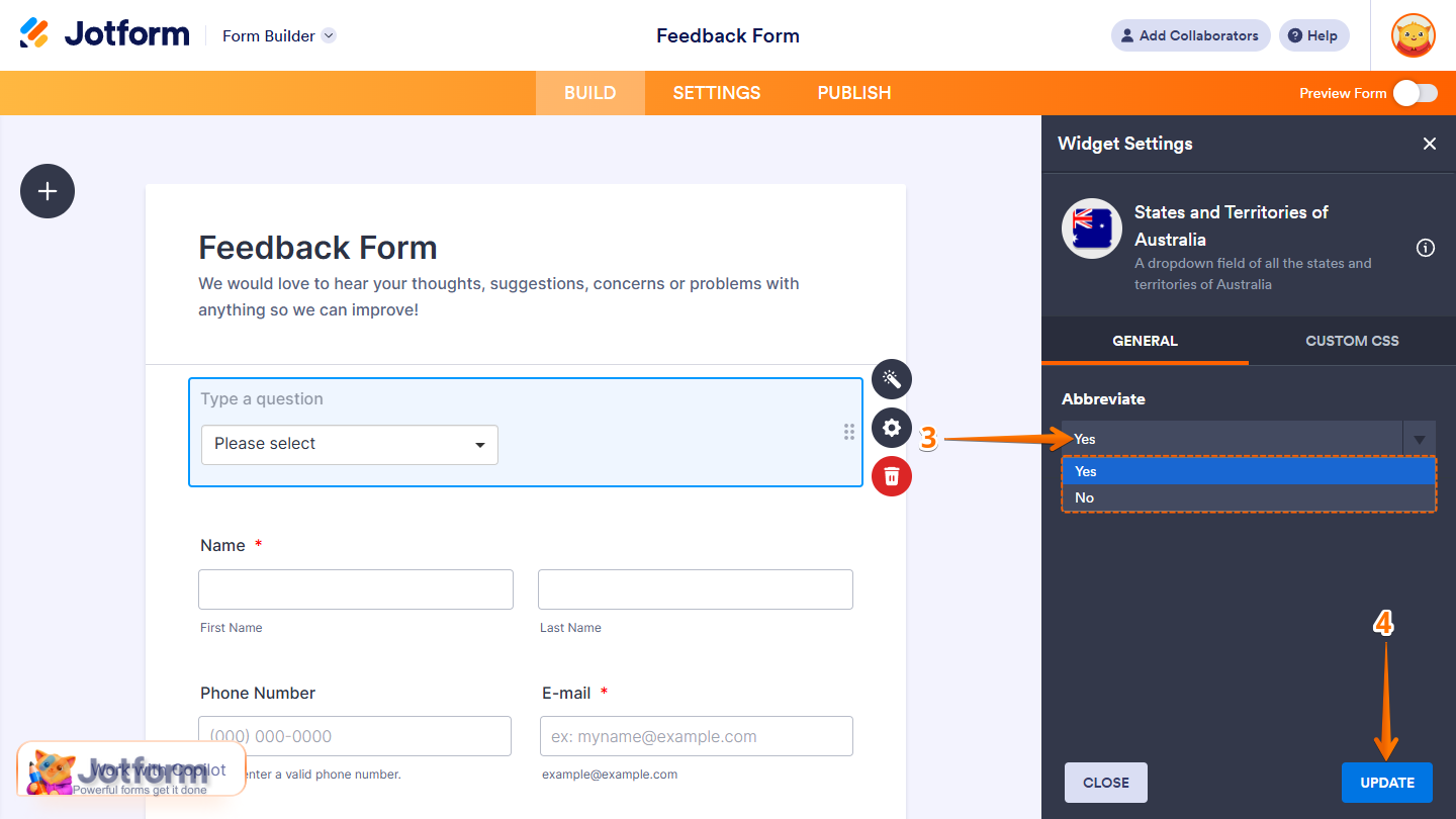 States and Territories of Australia Widget Settings in Jotform Form Builder