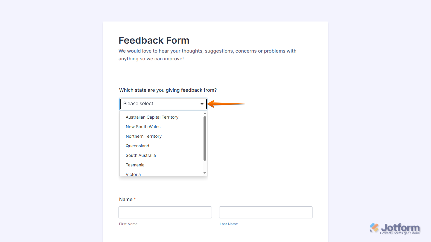 States and Territories of Australia widget on a Jotform form