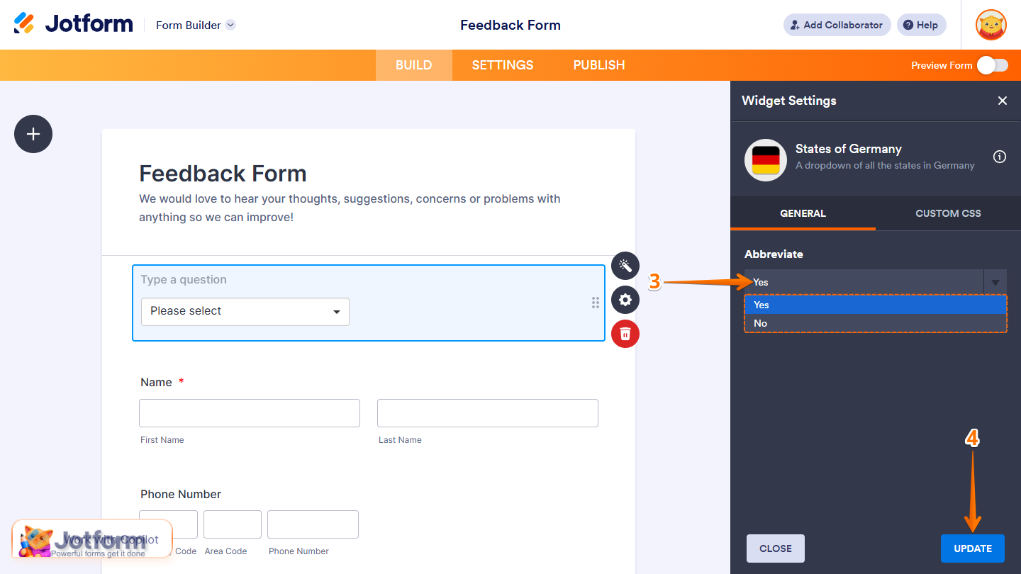 States of Germany Widget Settings in Jotform Form Builder