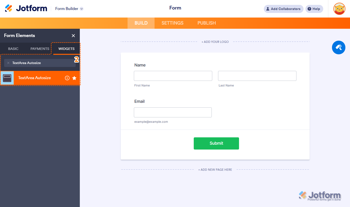 TextArea Autosize widget in the Widgets tab of Jotform Form Builder