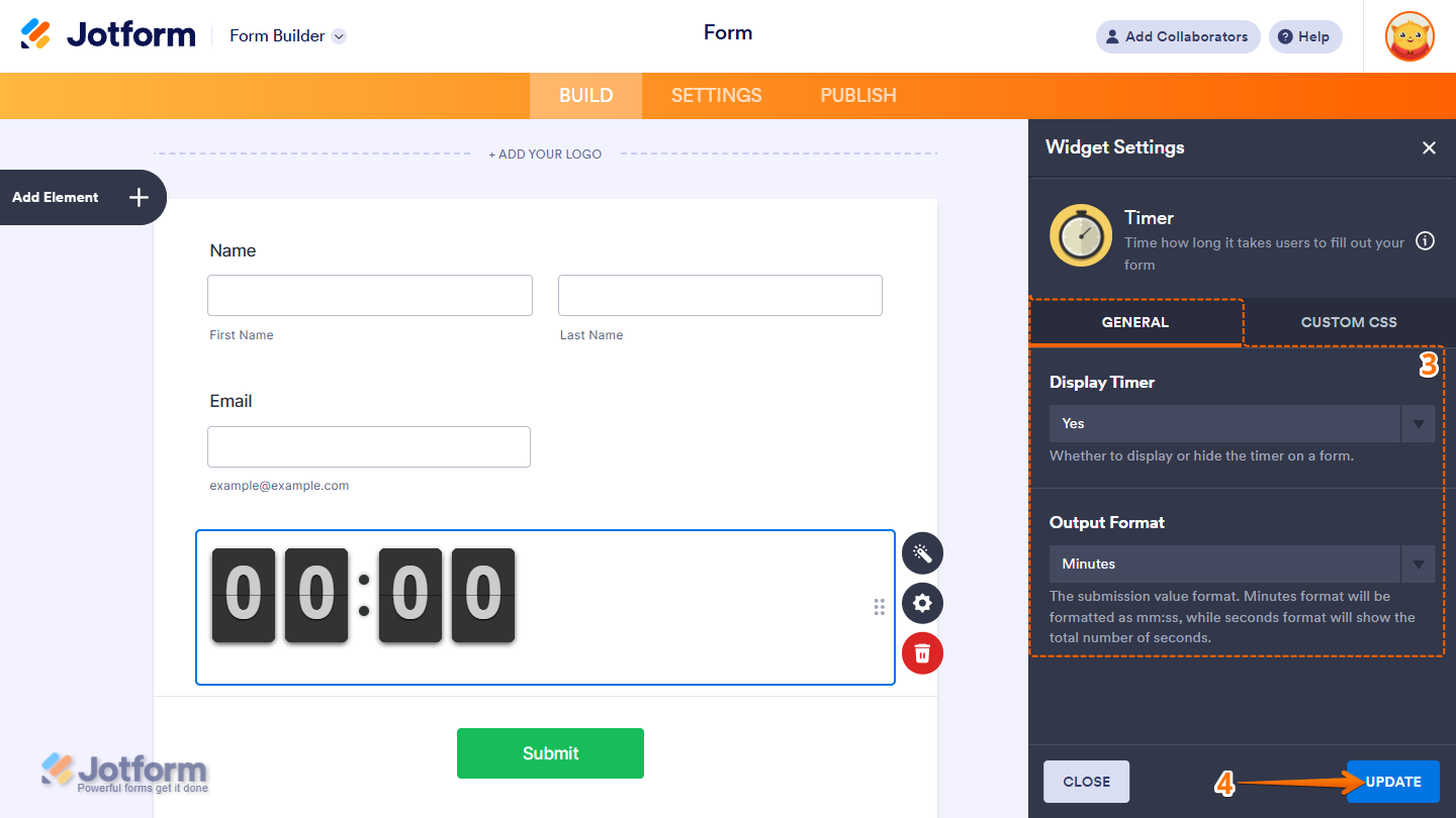 Display Timer and Output Format in the Timer Widget Settings