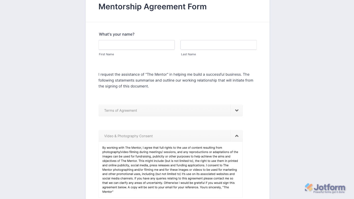 Form preview showing Toggled Content widget with a clickable heading to reveal hidden information