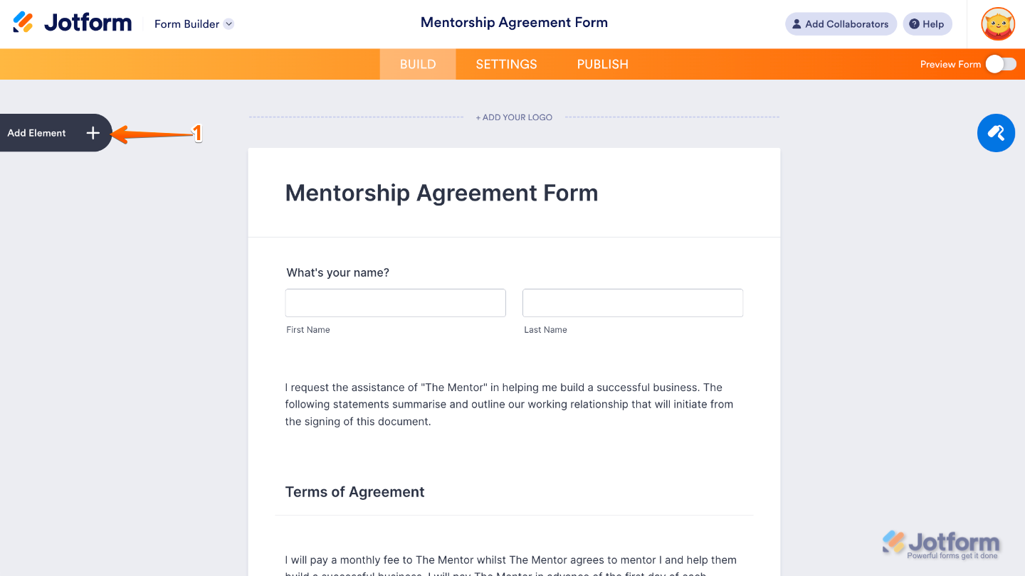 Form Builder interface highlighting the Add Element button on the left sidebar