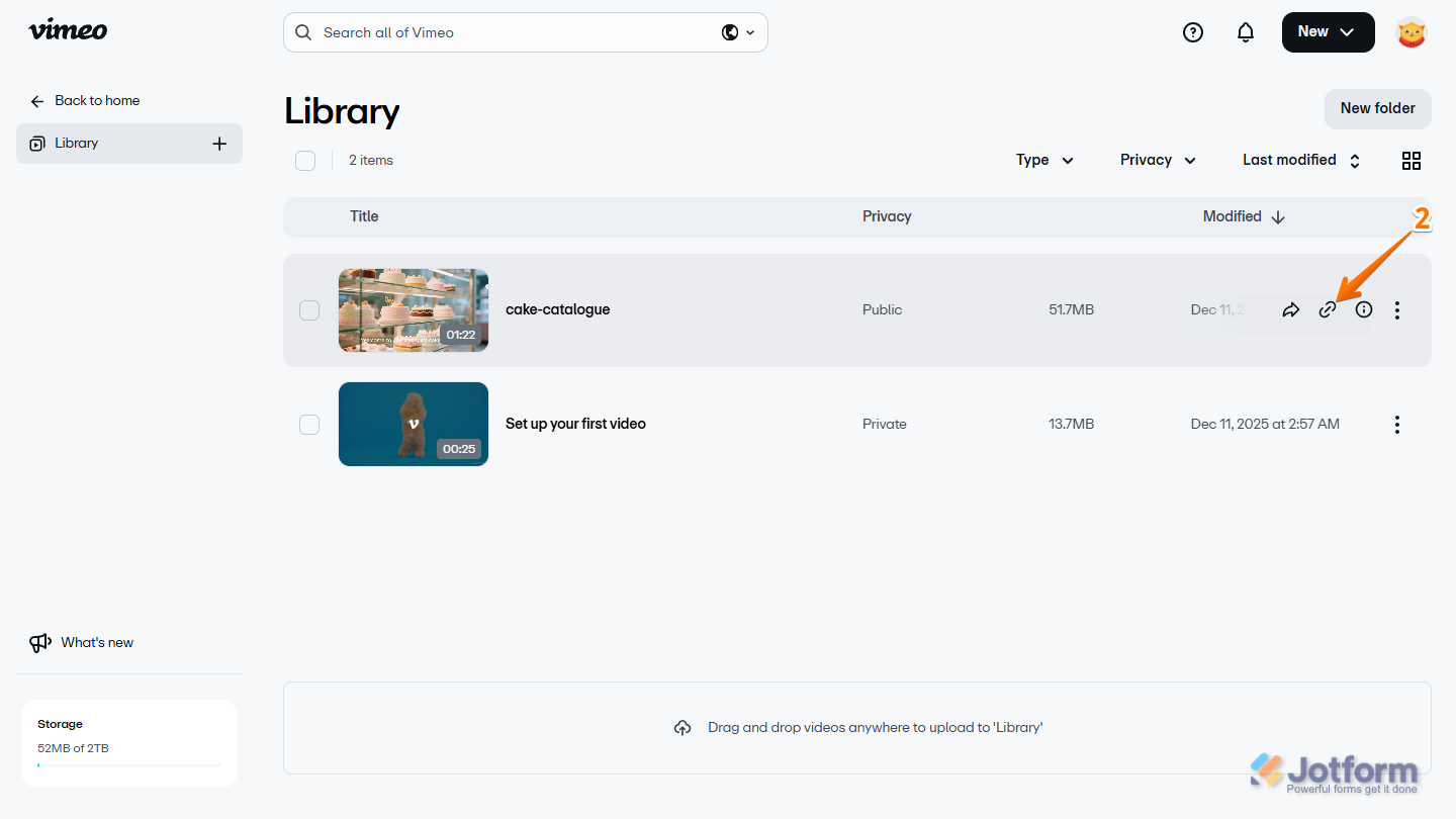 Copy Link icon in the Library section on Vimeo