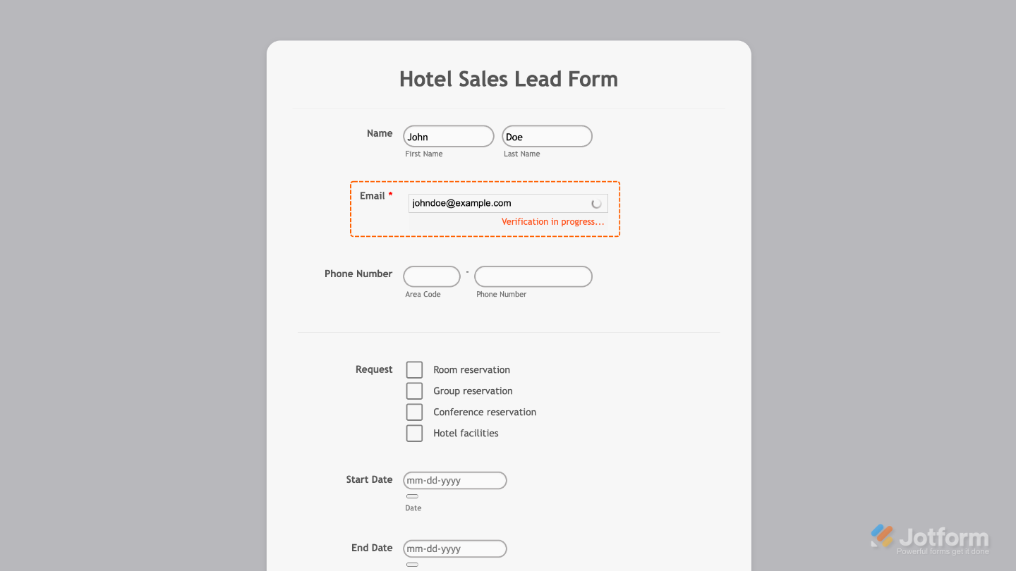 Form with the XVerify Email widget added, showing real-time email validation to prevent typos and fake addresses