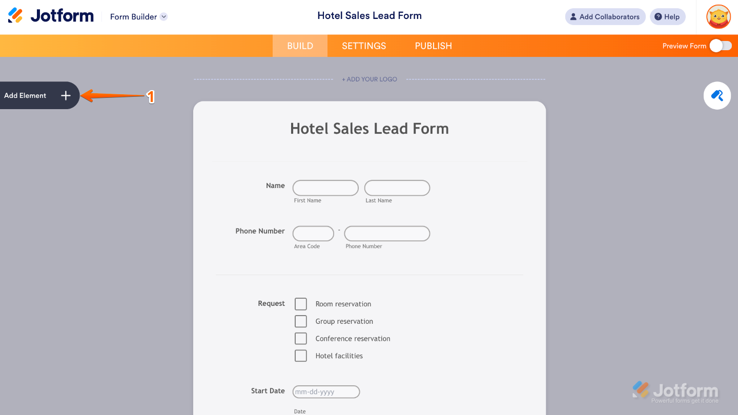 Form Builder interface highlighting the Add Element button on the left panel to add new form fields and widgets