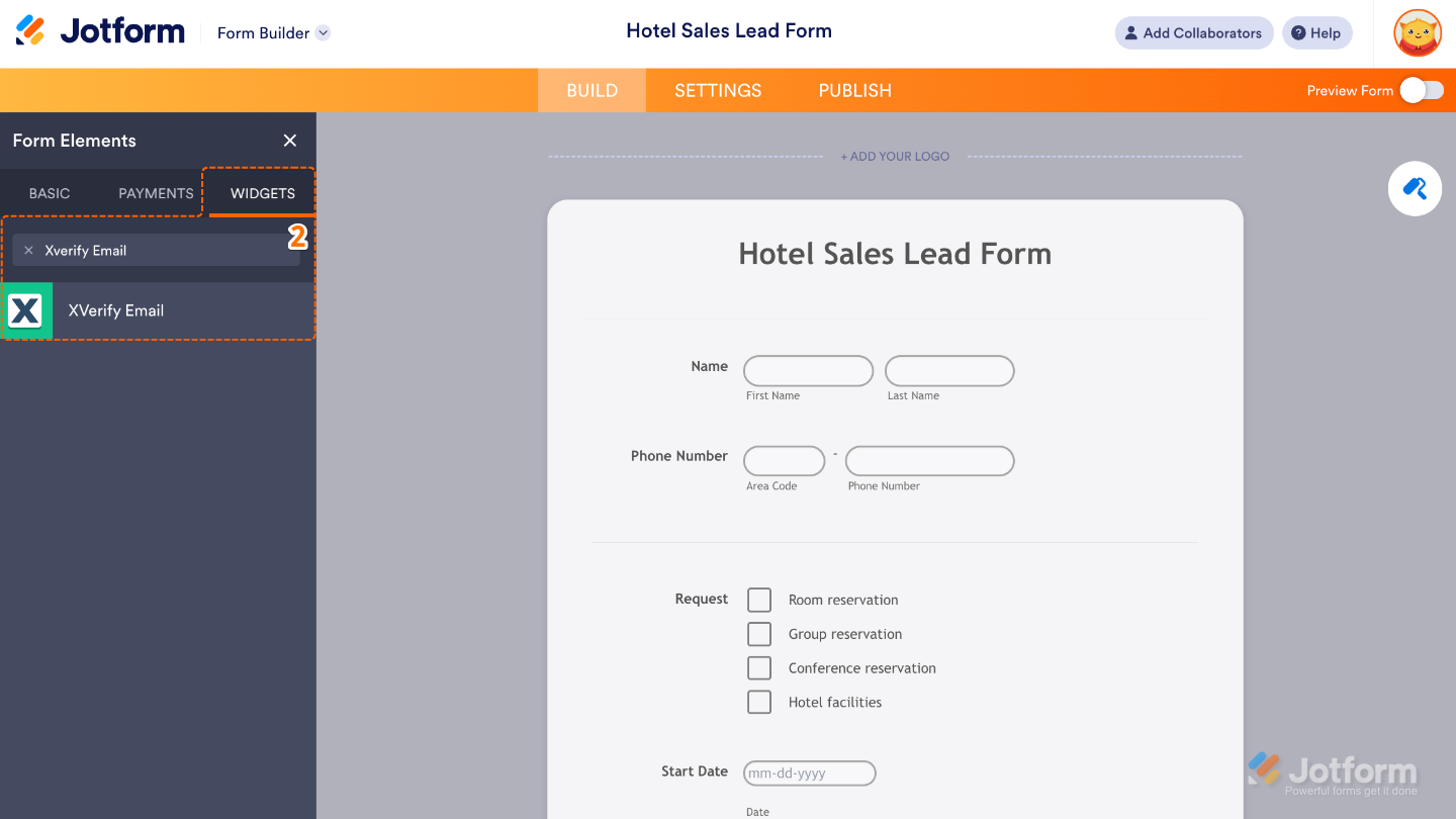 Form Elements panel under the Widgets tab showing the XVerify Email widget being searched and added to a form