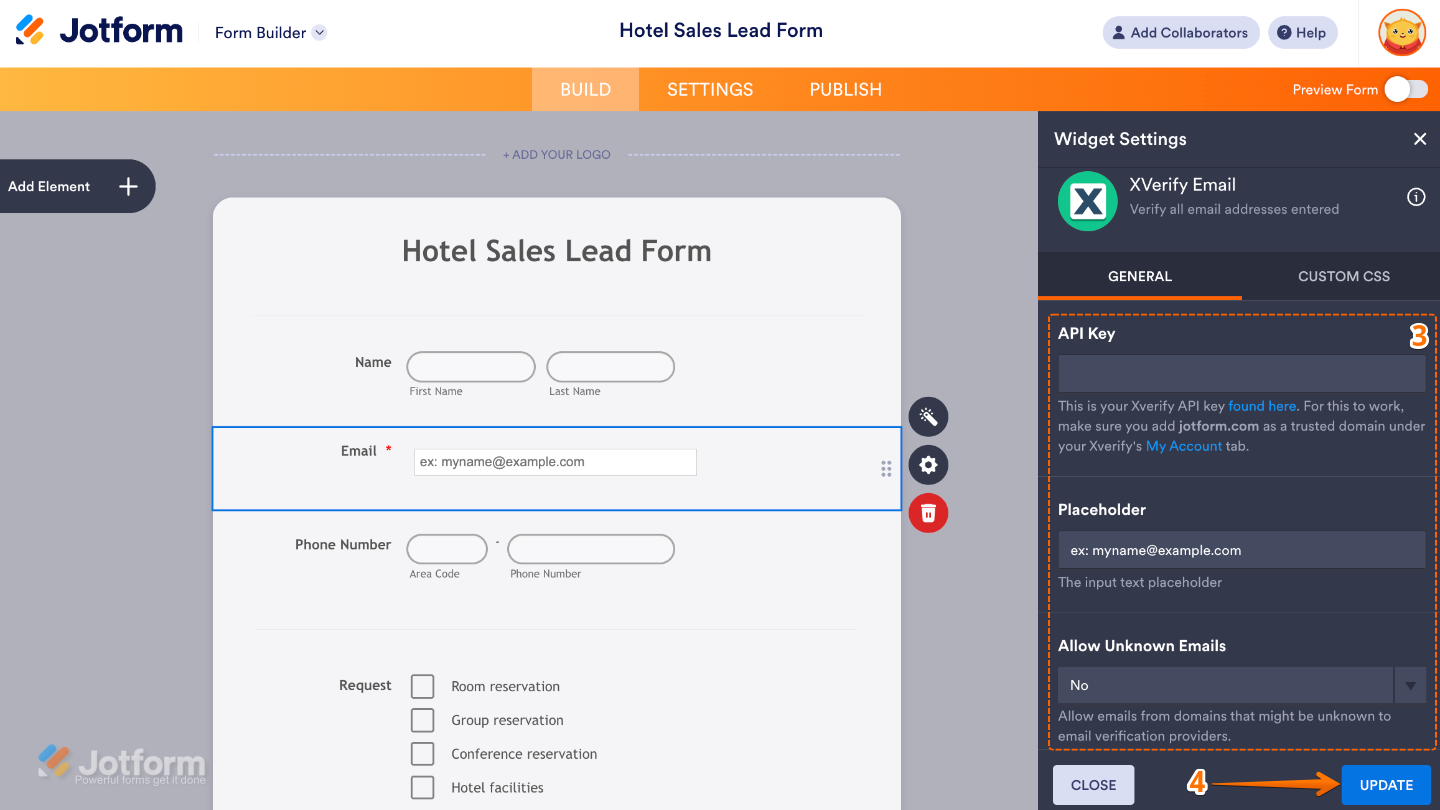 XVerify Email widget settings panel showing fields for API key, placeholder text, and option to allow or block unknown emails