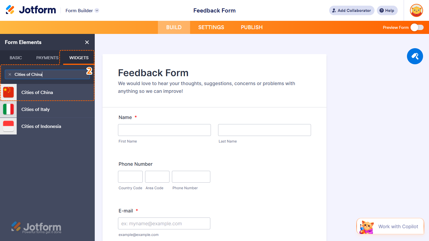 Cities of China element under the Widgets tab of the Form Elements menu in Jotform Form Builder