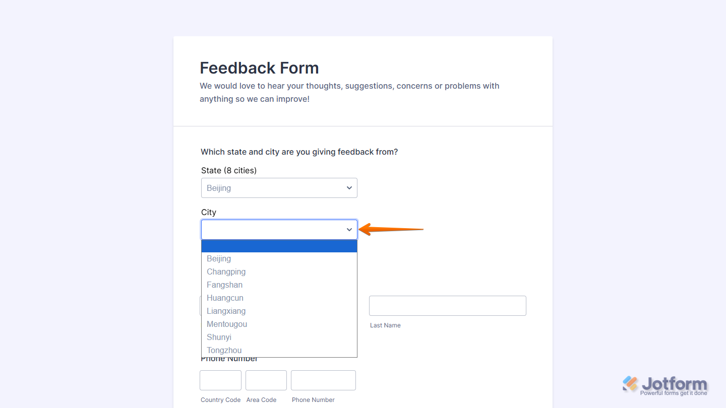 Cities of China Widget on a Jotform form