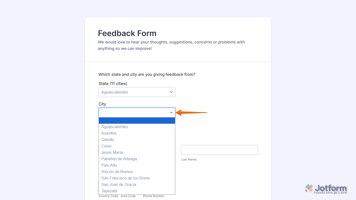 Cities of Mexico Widget on a Jotform form